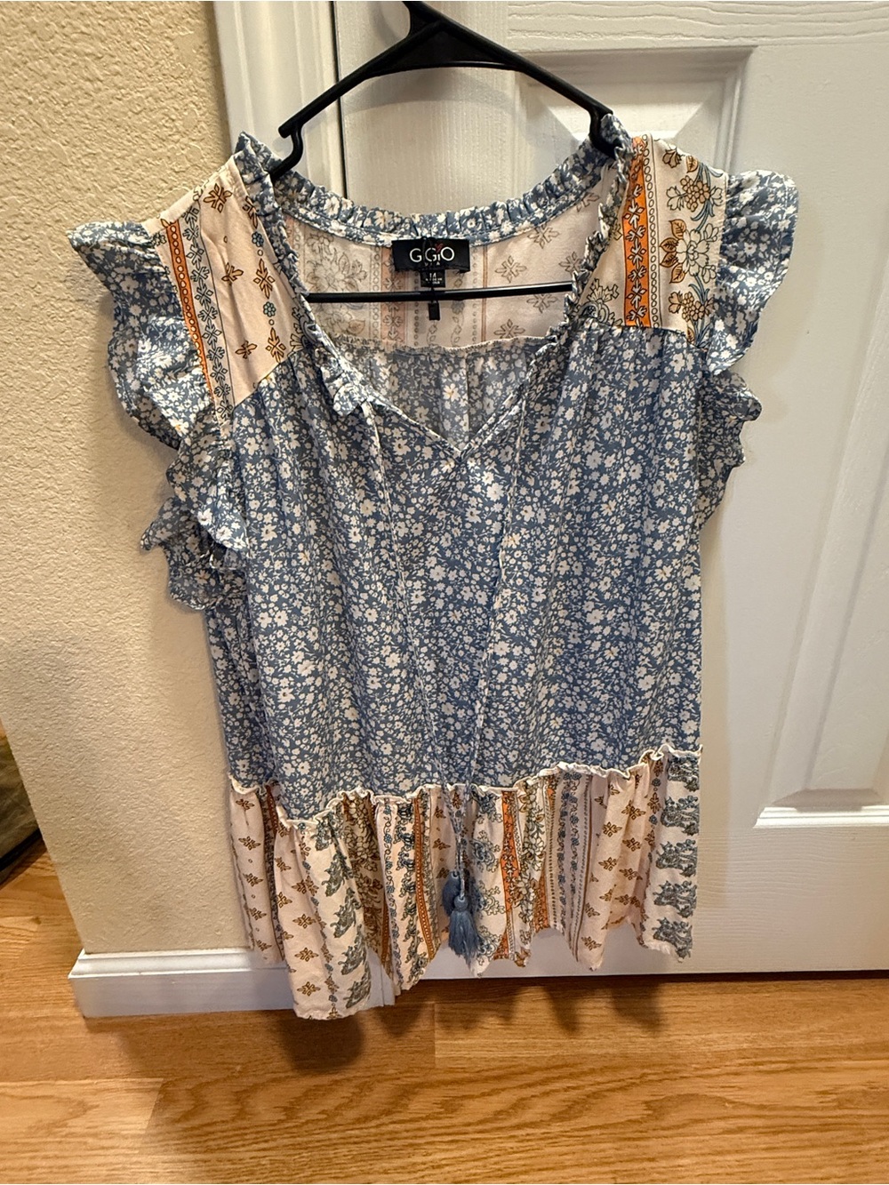 Gigio Blue Floral Patchwork Ruffle Sleeve Blouse